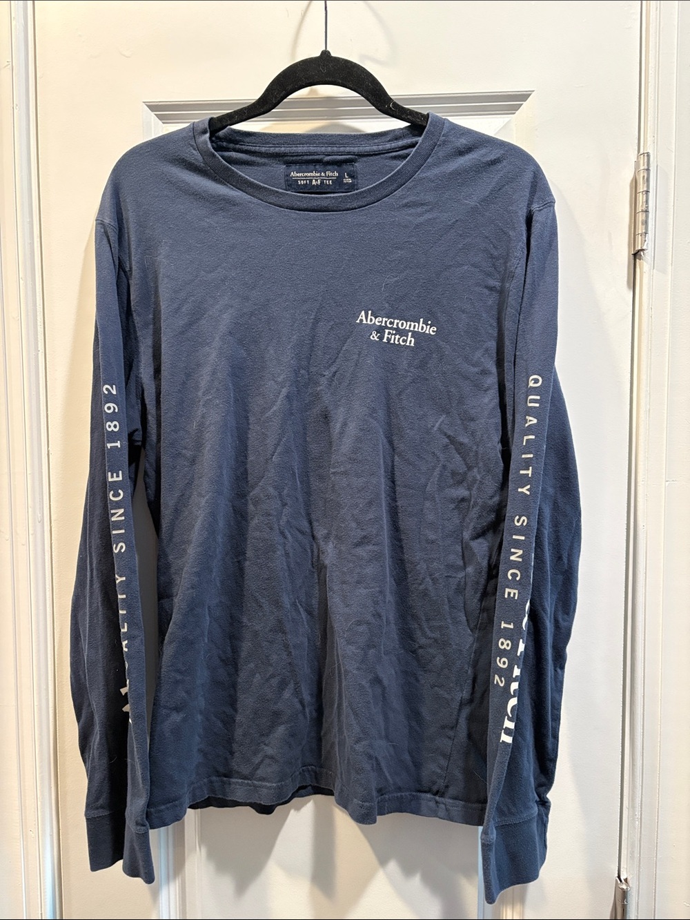 Abercrombie & Fitch Men's Long Sleeve Logo Tee - Dark Blue with White Print